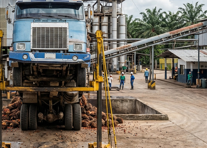 Elevador para descarga de camiones cargados con fruto de palma