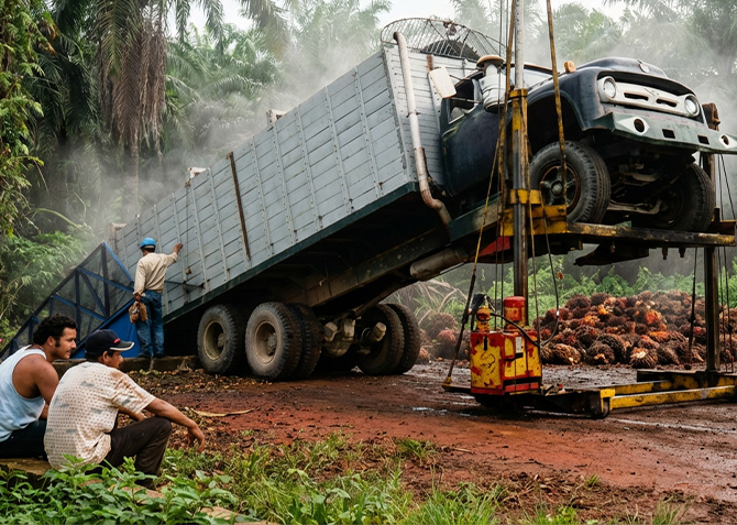 Plataforma para descarga de camiones de fruto de palma en operacion