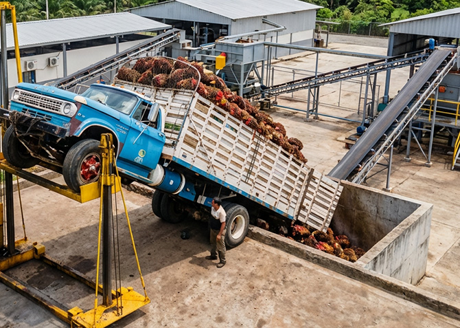 volcador industrial con ruedas orientables para maniobras en planta