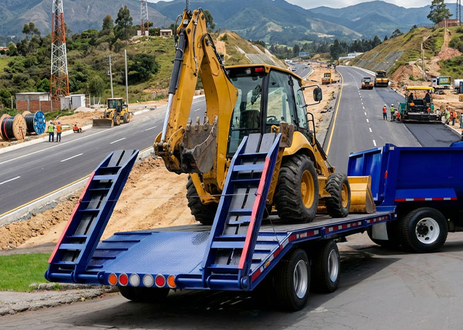 Remolque cama baja de Industrias Bufalo transportando una retroexcavadora pajarita en una autopista 5G de Colombia.