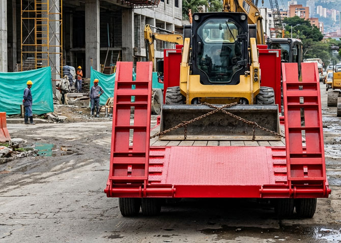Minicargador sobre remolque con frenos ABS en una obra civil urbana.