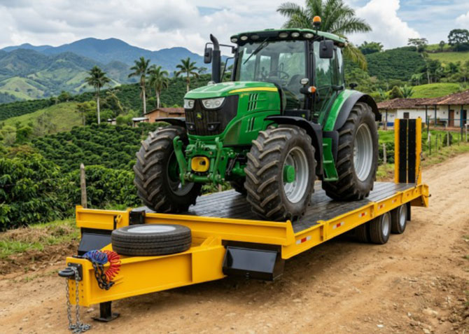 Remolque cama baja transportando un tractor para una obra de construccion vial en Colombia.
