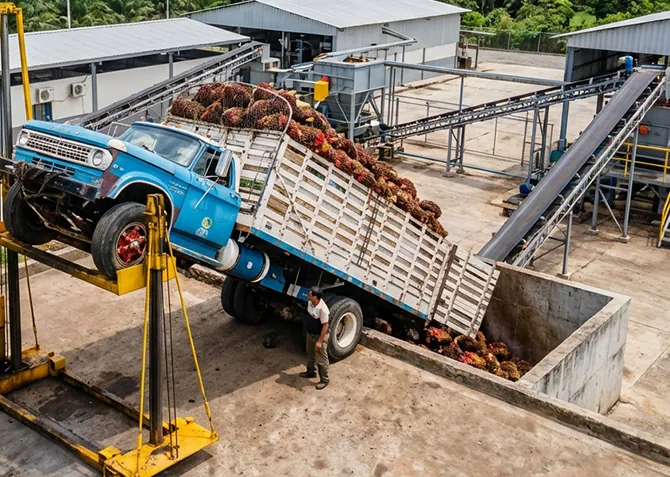 Elevador hidráulico de camiones en operación agrícola